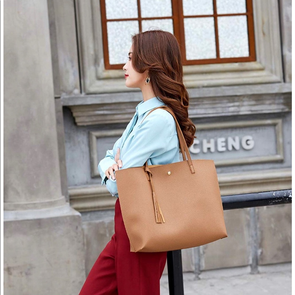 Beige Soft Leather Tote Shoulder Bag